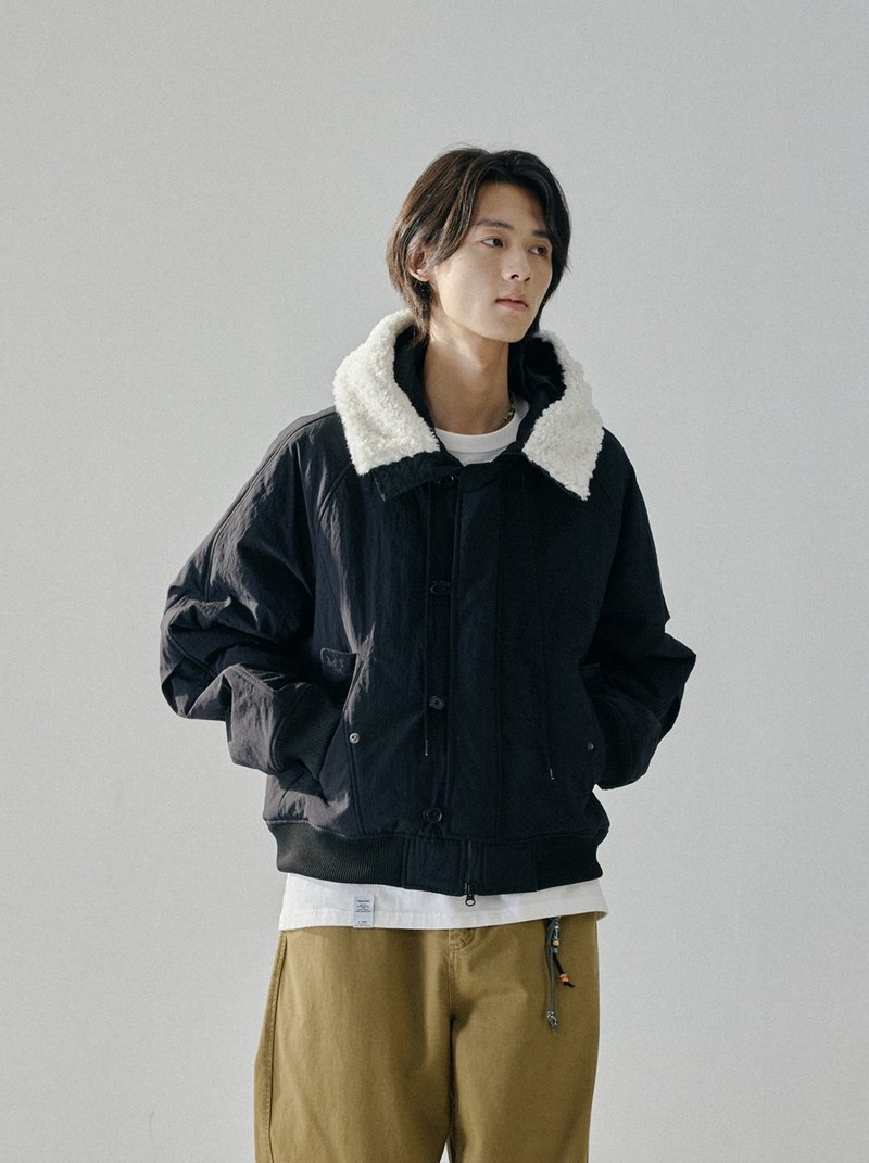 日系復古 / 羊羔毛連帽棉衣 - 男夾克/外套 - 其他材質 黑色