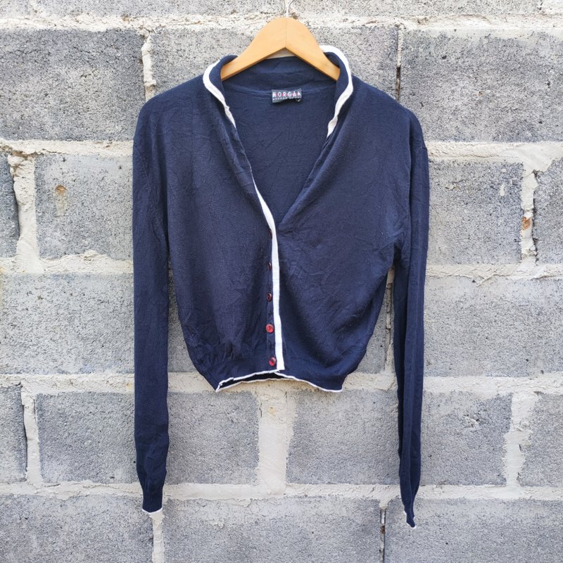Vintage Morgan Navy Blue Cotton Blend Cardigan Sweater - 女上衣/長袖上衣 - 棉．麻 藍色
