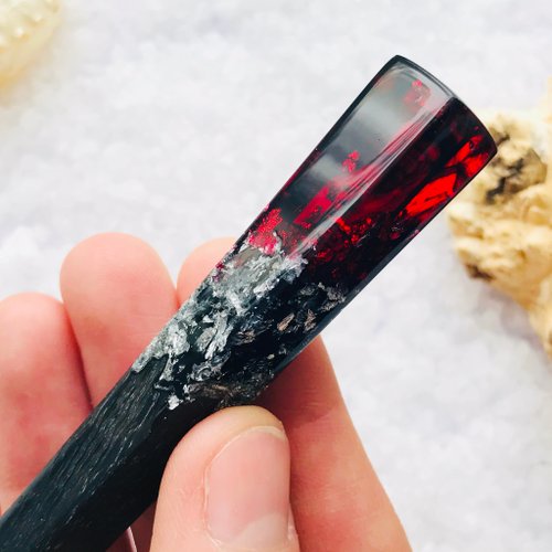 YevheniiaShop Hair stick with black oak wood, dark red resin and silver foil, Gothic oak stick