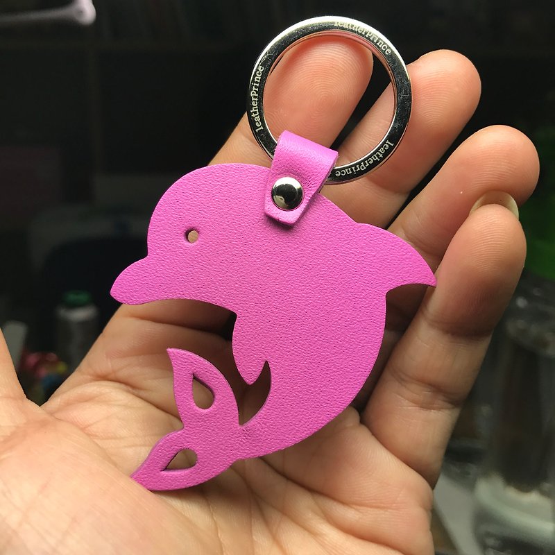 {Leatherprince handmade leather} Taiwan MIT pink cute dolphin silhouette version leather key ring / Dolphin Silhouette leather keychain in hot pink (Small size / - ที่ห้อยกุญแจ - หนังแท้ สึชมพู