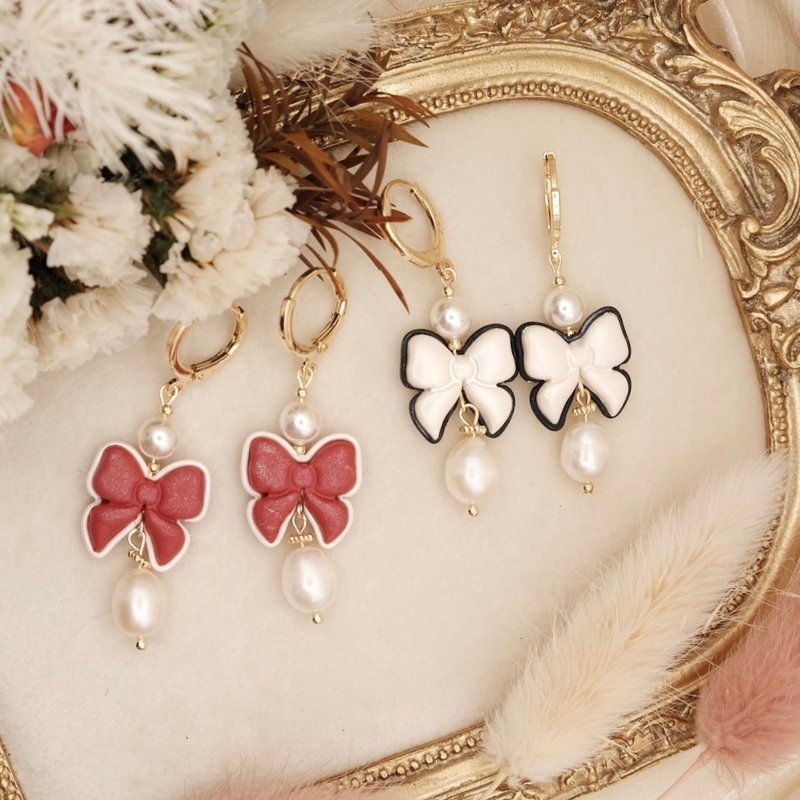 French romantic polymer clay bow earrings - Earrings & Clip-ons - Clay White