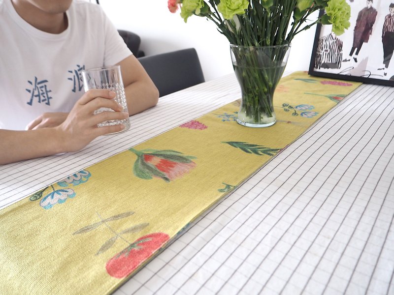 夏の花イラストレモンイエロー1週間美化テーブルフラッグテーブルクロス洗い可能 - ランチョンマット - コットン・麻 イエロー
