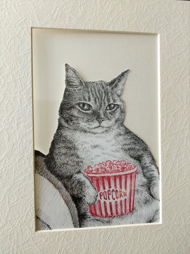 Hand-drawn pet portrait (adorable cat) with paper frame - ภาพวาดบุคคล - กระดาษ ขาว