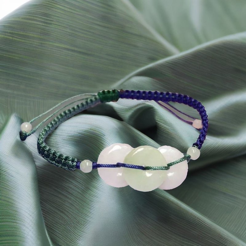 【May ‧Peace】Ice Jadeite Peace Buckle Design Braided Bracelet | Natural Burmese Jade A Grade Jadeite - Bracelets - Jade Multicolor