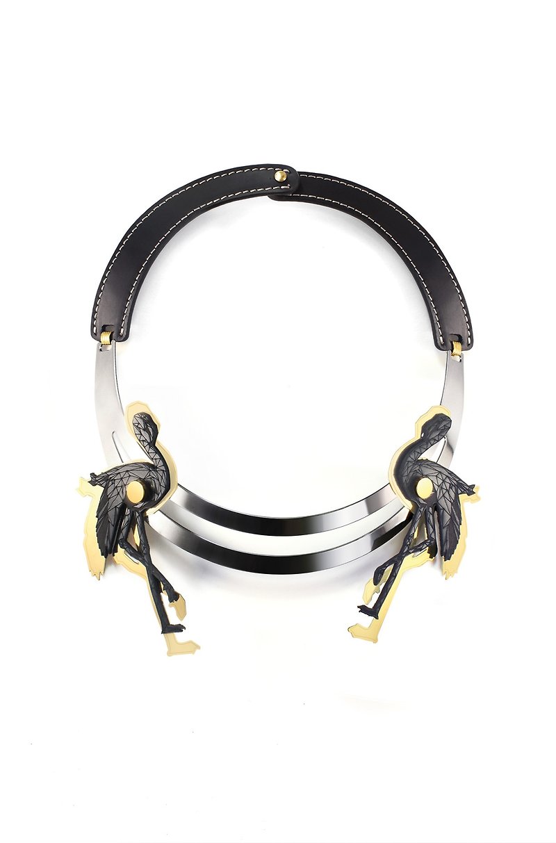 NoBeing animal kingdom-Flamingo leather laser cut thick collar - Necklaces - Genuine Leather Black