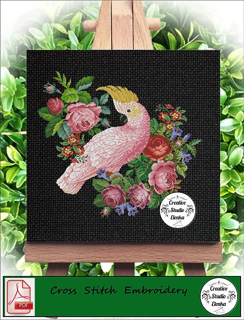 CreativeStudioElenka Vintage Cross Stitch Scheme Pink cockatoo - PDF Embroidery Scheme