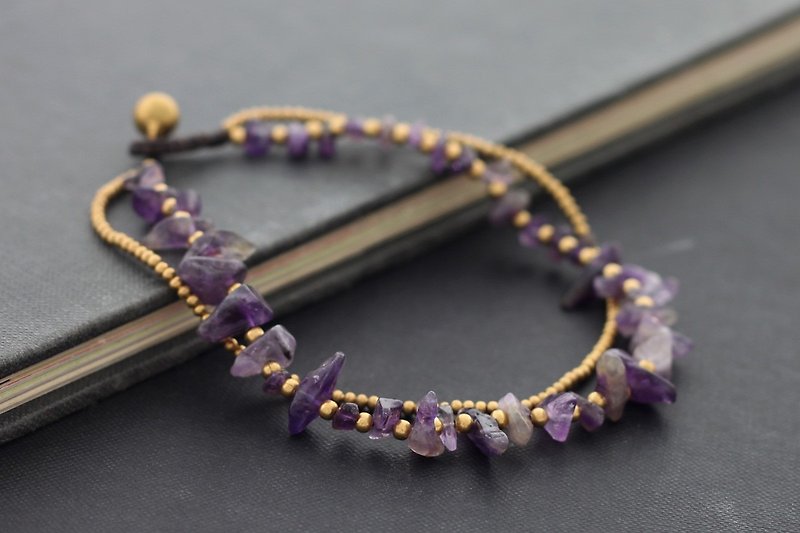 Amethyst Strand Anklets Stone Beaded Anklets Raw Brass Beaded Woven Purple  - กำไลข้อเท้า - หิน สีม่วง