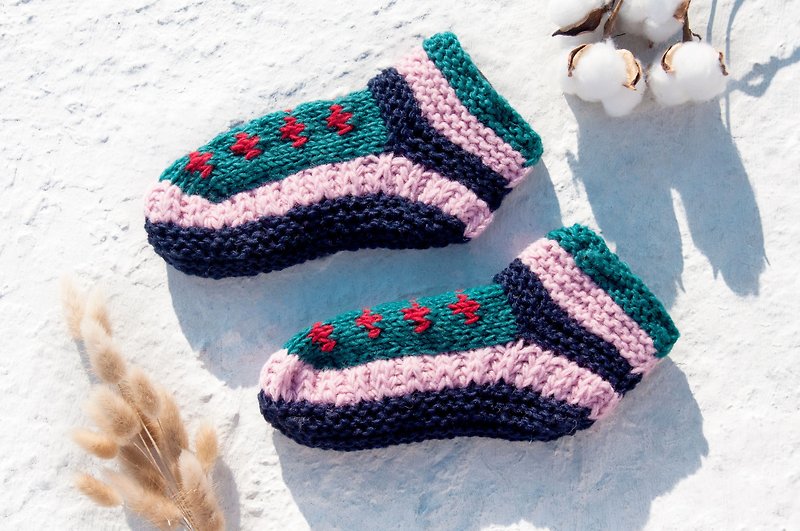 Hand-knitted pure wool knit socks/inner brushed striped socks/wool crocheted socks/warm wool socks-blueberry jam - Socks - Wool Multicolor