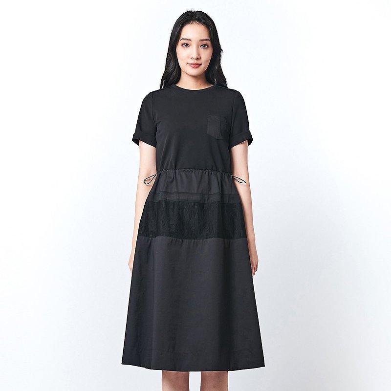 KeyWear lace patchwork waist short-sleeved dress-black-0AF03027 - One Piece Dresses - Polyester Black