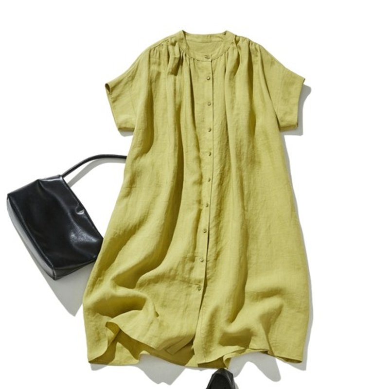 A Linen dress made with a generous amount of fabric and plenty of gathers. 100% Linen. Pale light green with a hint of brown. 240602-5 - One Piece Dresses - Cotton & Hemp 