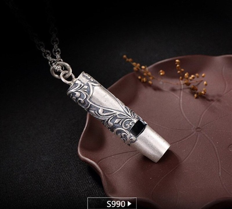 Real 999 Fine Silver Vintage Handmade Whistle Pendants without Chains Men - 長項鍊 - 純銀 銀色