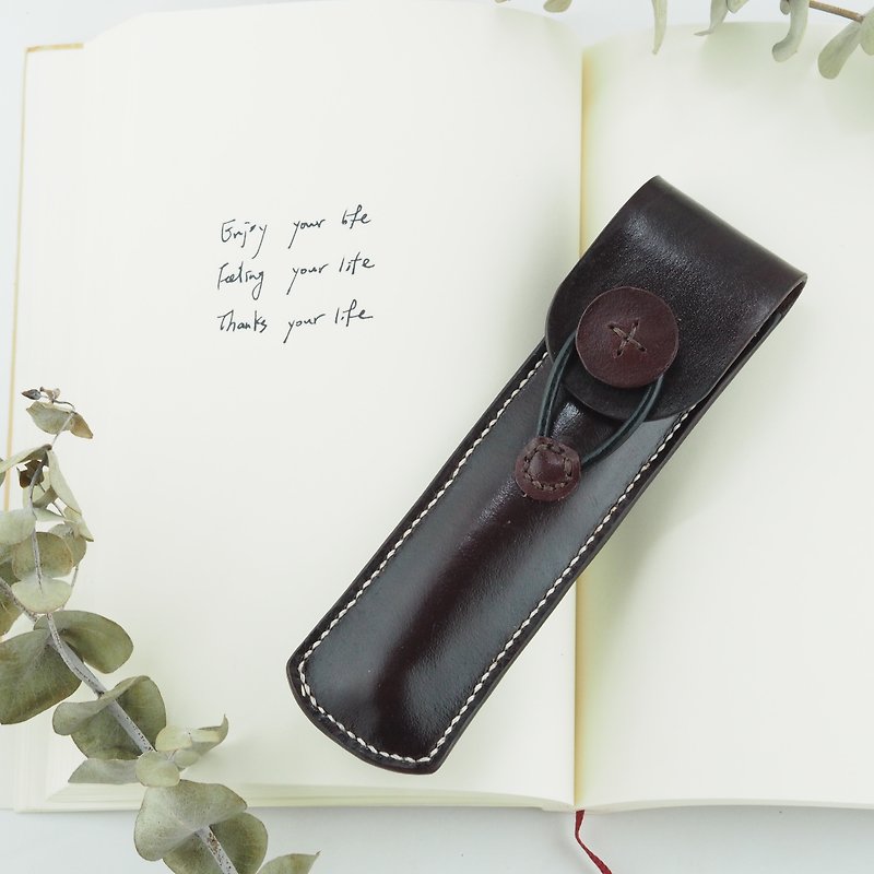 Leather pen case buckle rope single pen case coffee red - กล่องดินสอ/ถุงดินสอ - หนังแท้ สีนำ้ตาล