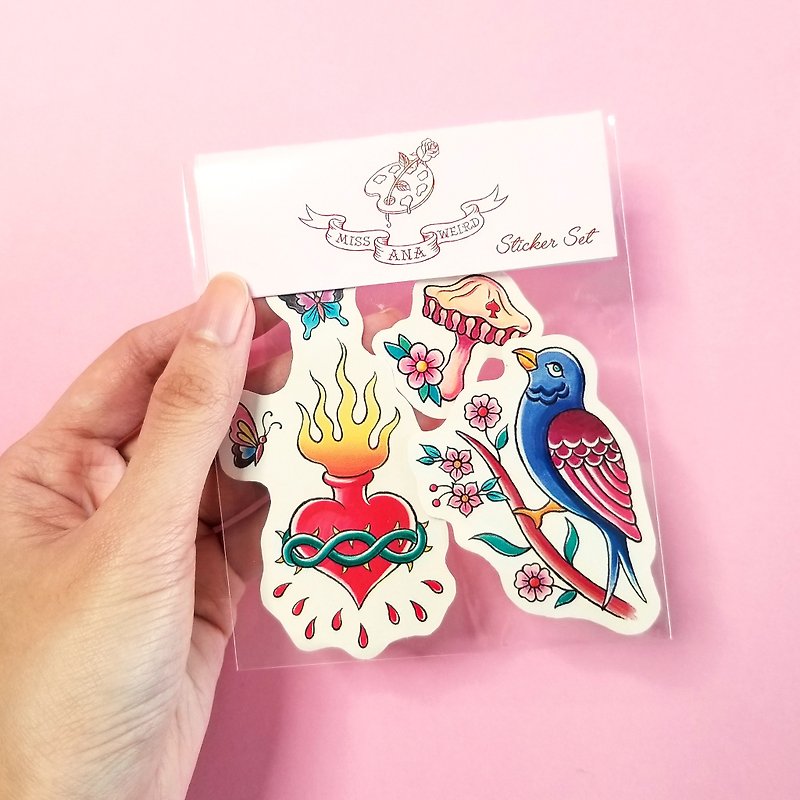 Tattostyle sticker set - Bird, mushroom, heart - Stickers - Paper Multicolor