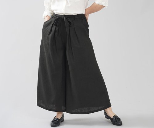 Wafu - 亞麻褲子 Midweight Linen Tucks Front Wide-Leg Pants / Black b006e-bck2