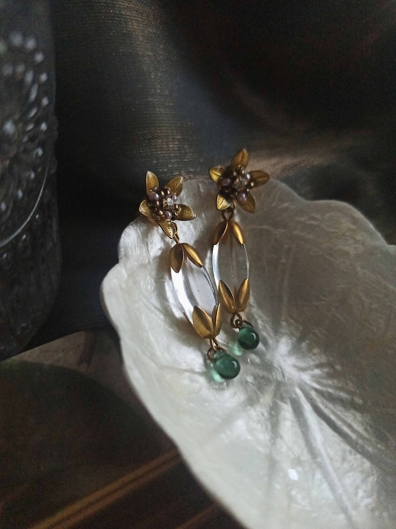 [Exclusive Limited Edition] Small Flower Transparent Dangle Earrings Bronze Earrings - ต่างหู - ทองแดงทองเหลือง สีใส
