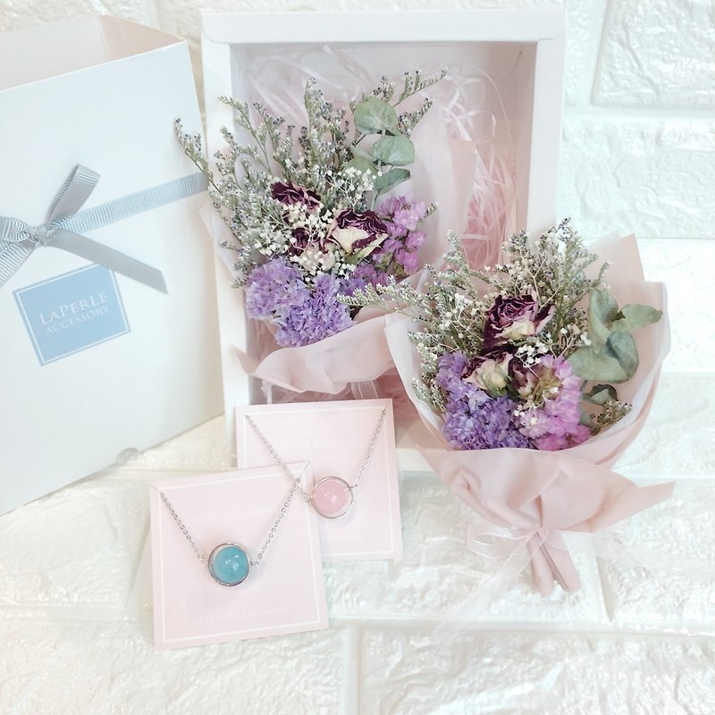 ラッキーな袋2つの花の箱ドライフラワーボックスピンクの水晶アクアマリンのネックレスのネックレス - チョーカー - クリスタル ピンク