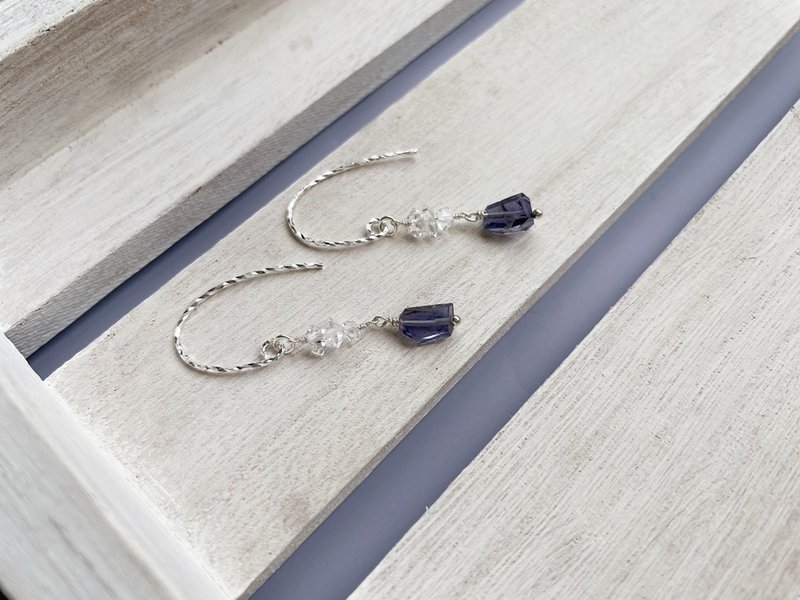 //Iolite Shining Diamond Earrings // Sterling Silver Ear Hook Natural Stone Crystal Handmade - ต่างหู - คริสตัล 