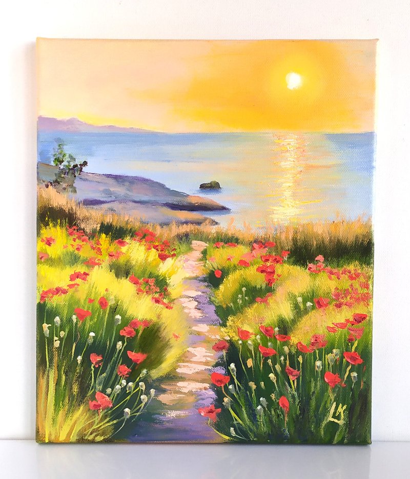 海景油畫 畫布罌粟花田 壁飾 日落藝術 花卉 - 壁貼/牆壁裝飾 - 棉．麻 多色