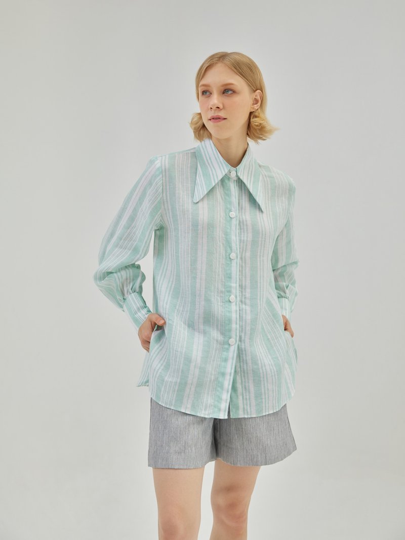 BIRUCHU PASTEL GREEN SUGUS SHIRTS : Long sleeve shirt , Linen , 襯衫 淡綠色 - 女襯衫 - 亞麻 綠色