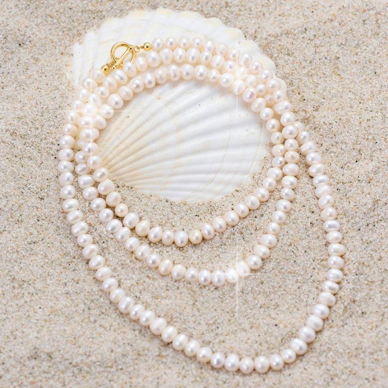 天然白色淡水珍珠長項鍊 5–6mm 金色OT扣 知性溫婉 聖誕節禮物 - 項鍊 - 珍珠 白色