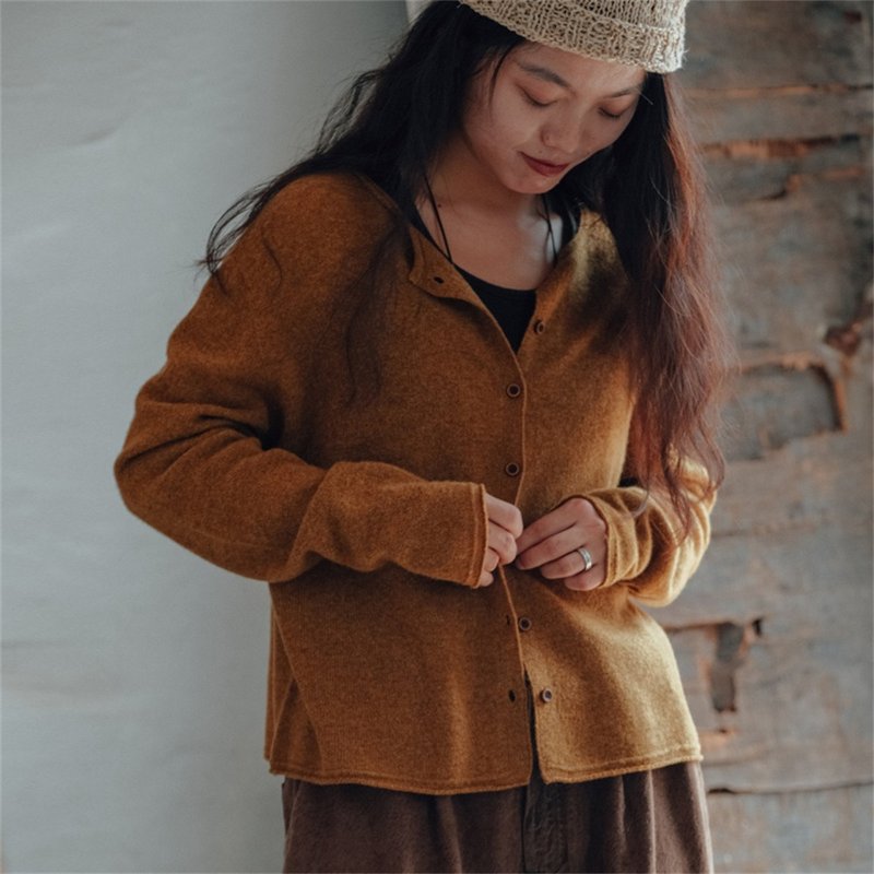 紅/黃/綠 無縫一體復古羊毛圓領開衫 落肩寬鬆外套 - 女毛衣/針織衫 - 羊毛 紅色