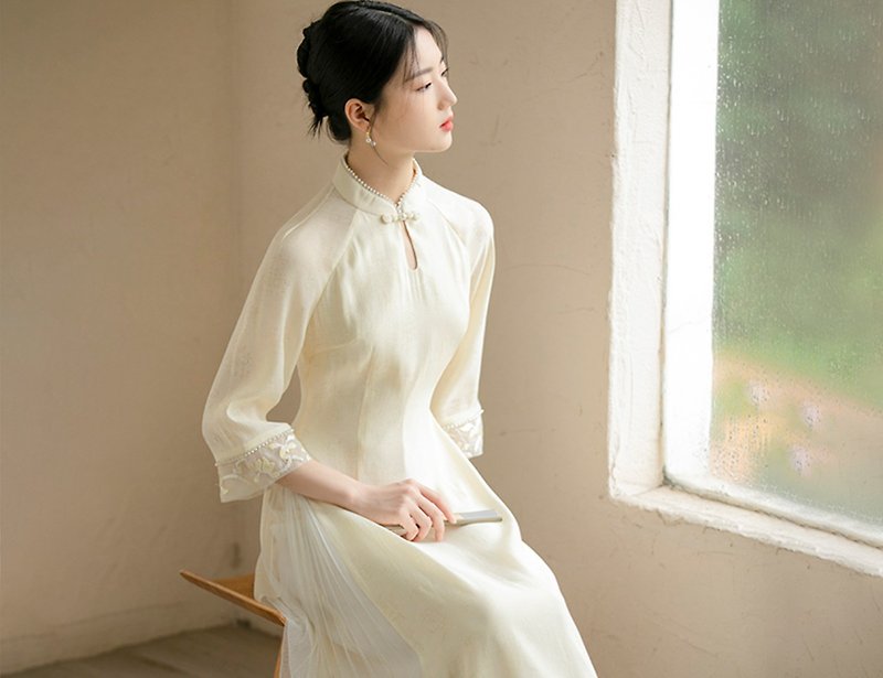 新中式 改良奧黛旗袍修身仙氣中國風連衣裙洋裝 - 女裝 上衣 - 絲．絹 黃色