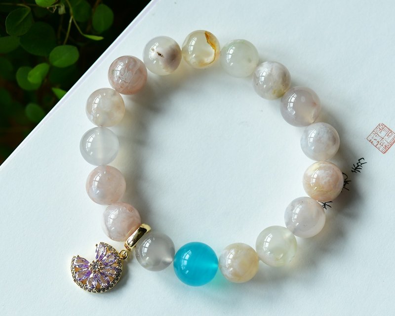 New American natural cherry blossom agate bracelet pink ice Madagascar agate marine chalcedony bracelet - สร้อยข้อมือ - คริสตัล 