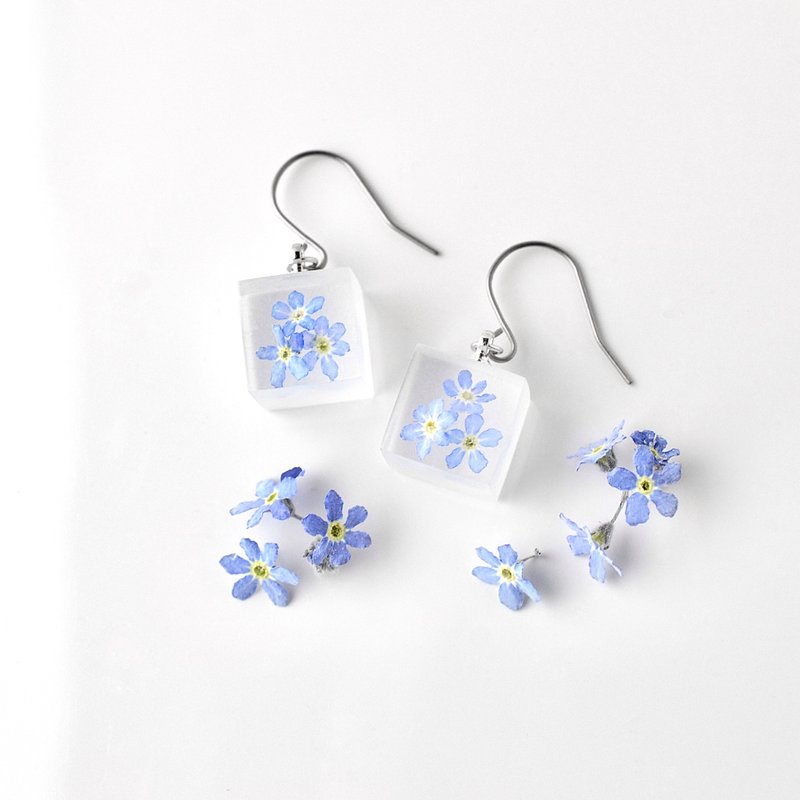 Forget-me-not Hook Earrings Titanium Silver Color Birthday Gift Flower lover Woman Wedding Gift Small Ear Ring Japanese Design - ต่างหู - เรซิน สีน้ำเงิน