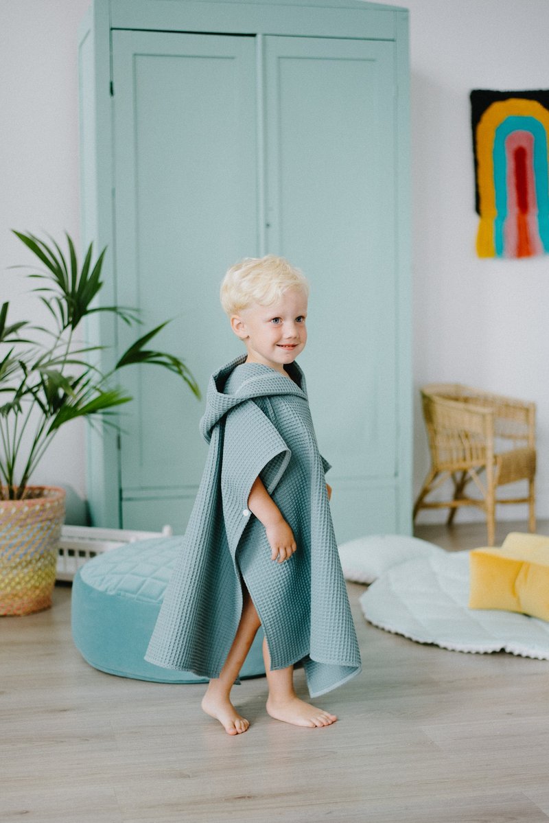 Dark Mint Waffle Kids Beach Cover Up - toddler bathrobe with open sides - ชุด/อุปกรณ์ว่ายน้ำ - ผ้าฝ้าย/ผ้าลินิน สีเขียว