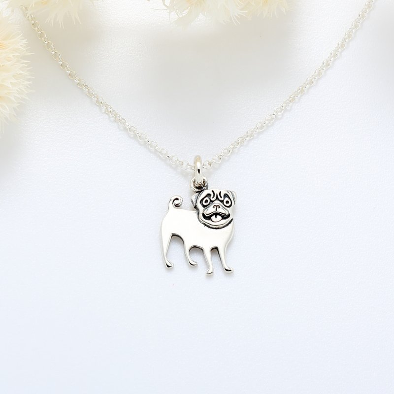 【Angel & Me】Cute Pug Dog s925 sterling silver necklace Birthday gift - สร้อยคอ - เงินแท้ สีเงิน