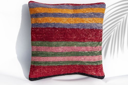 omhandmade 土耳其地毯抱枕套 羊毛抱枕套 kilim圖騰地毯枕頭套-沙漠彩虹條紋
