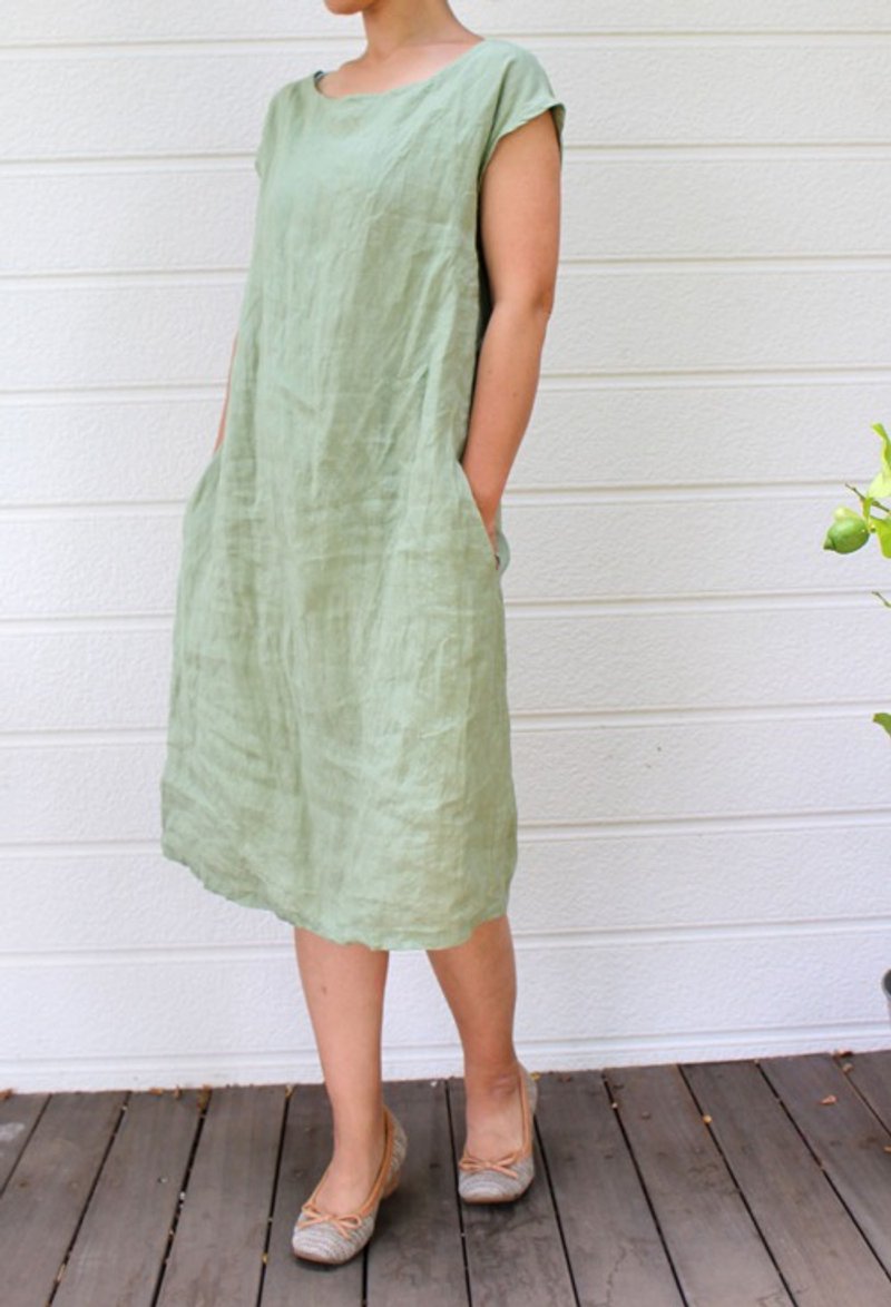 LINEN sleeveless dress with both side pockets lithuanian linen / wakakusa - ชุดเดรส - ผ้าฝ้าย/ผ้าลินิน 