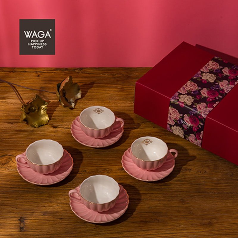 【新品】WAGA 金瓣夢遊陶瓷茶杯禮盒組 / 茱萸粉 - 其他杯子 - 瓷 粉紅色