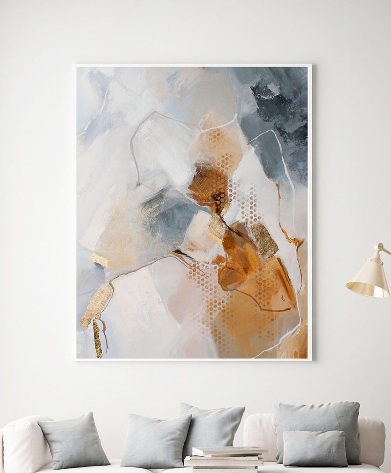 Brown blue abstract painting | Blue grey abstract wall art | Seclusion - 壁貼/牆壁裝飾 - 棉．麻 咖啡色