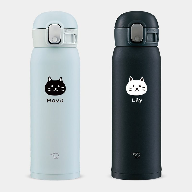 【客製化禮物】文字 黑白貓頭 象印 彈蓋不鏽鋼 保溫瓶 075 - 保溫瓶/保溫杯 - 不鏽鋼 白色
