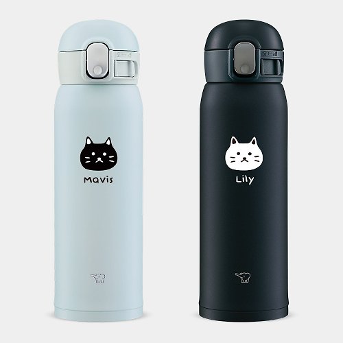 PIXO.STYLE 【客製化禮物】文字 黑白貓頭 象印 彈蓋不鏽鋼 保溫瓶 075