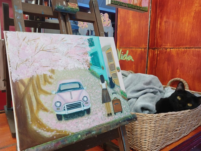 Oil painting on canvas  size 25x30 cm.  Girl meet black cat in bloom - 壁貼/牆壁裝飾 - 棉．麻 