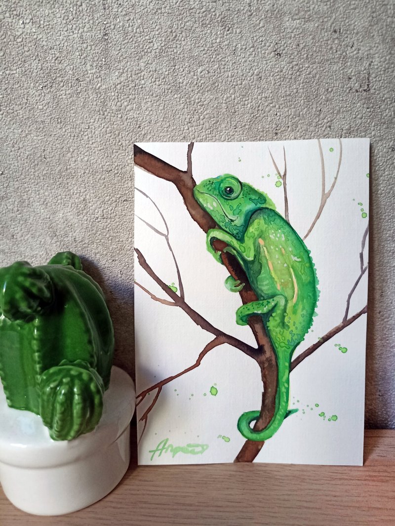 Watercolor original lizard art chamelion room decor new painting Anne Gorywine - 壁貼/牆壁裝飾 - 紙 綠色