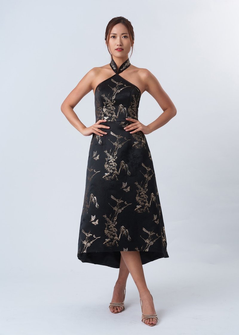 Halter Floral Qipao (Black/ Gold) - กี่เพ้า - เส้นใยสังเคราะห์ สีดำ