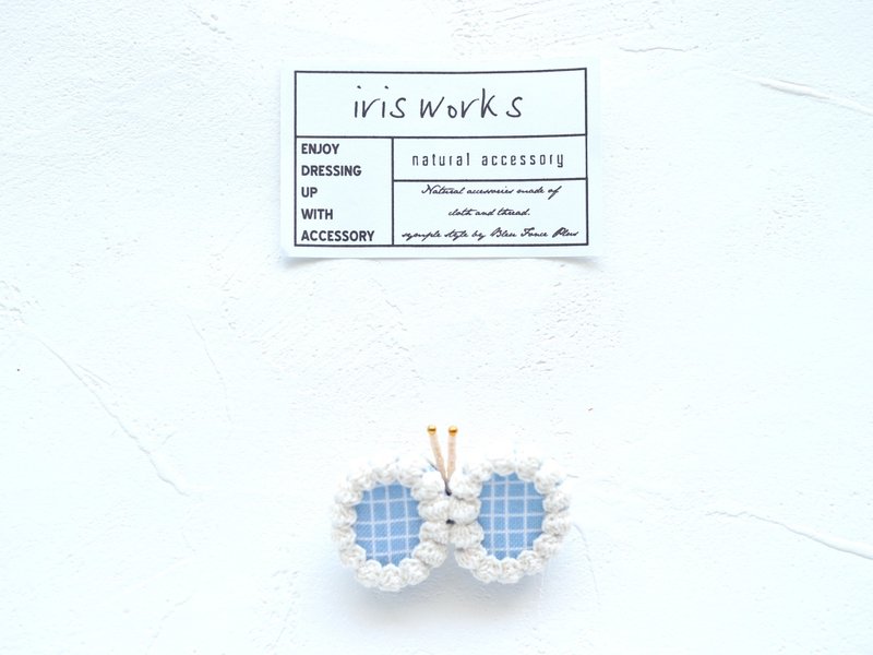 CREAM butterfly brooch line check blue - Brooches - Cotton & Hemp Blue