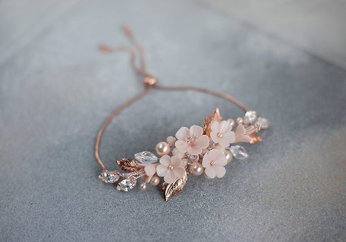 Kamael Shine Powder flower bridal bracelet, Pink pearl wedding floral jewelry,rose gold jewel