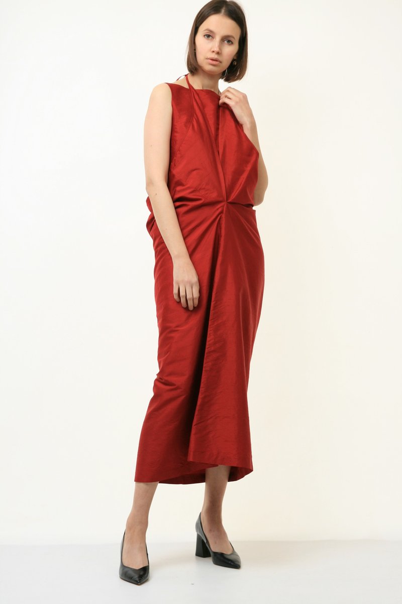90s Vintage 100% Silk Red Maxi A Line Maxi Length Dress - ชุดเดรส - ผ้าไหม สีแดง