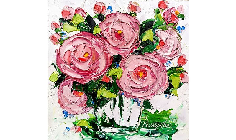 牡丹絵画牡丹オリジナルアート花の油絵花小さな壁アート - ウォールデコ・壁紙 - その他の素材 ピンク