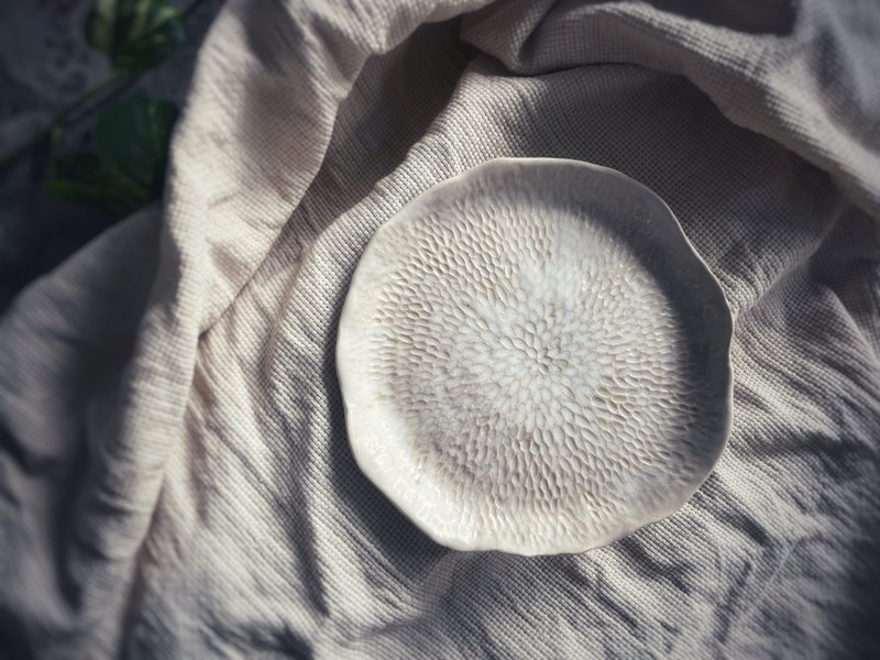 桌上的白陶糖霜 / 雕花白盤・陶盤・餐盤・盤子 - 盤子/餐盤/盤架 - 陶 白色