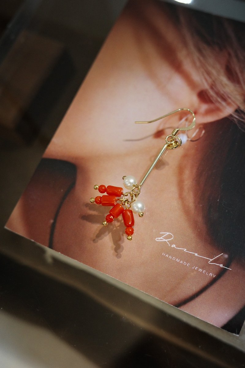 煙花 紅珊瑚珍珠耳環 14K Gold-Filled - 耳環/耳夾/耳骨夾 - 寶石 紅色