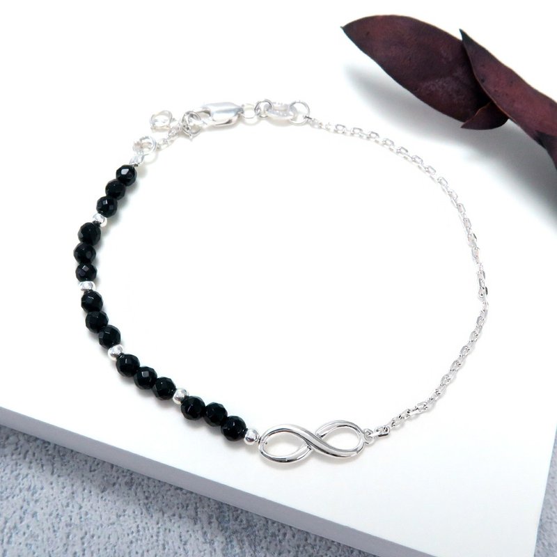 Black Onyx 925 Sterling Silver Natural Stone Texture Half Chain Bracelet ART64 - สร้อยข้อมือ - เครื่องประดับพลอย สีดำ