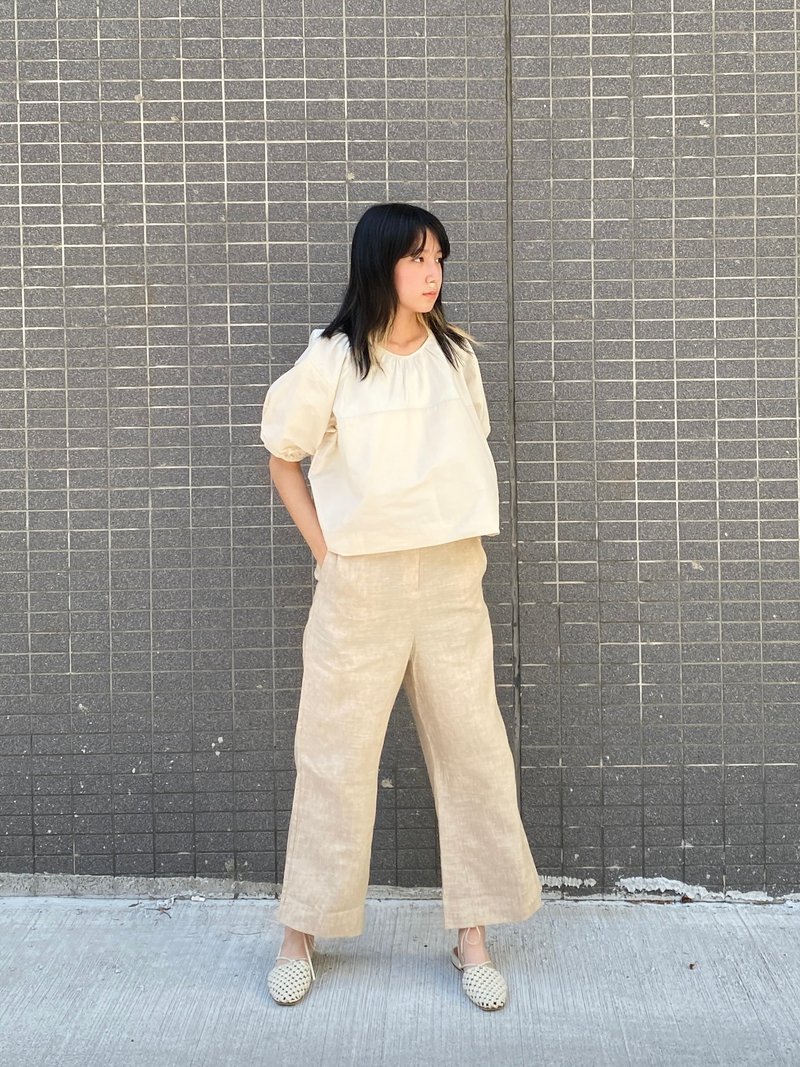 喇叭拼接褲 - 女長褲 - 棉．麻 卡其色