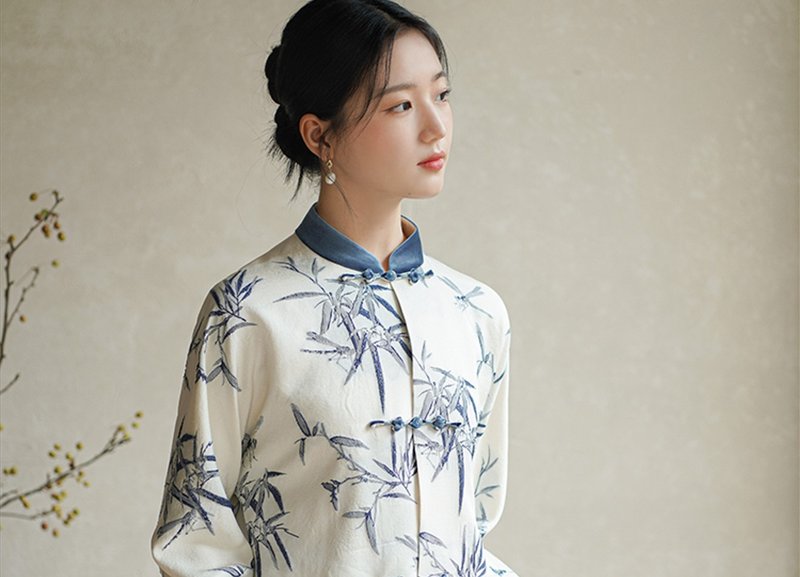 沁藍竹 新中式中國風 浮雕提花羊毛 短外套/半裙 - 裙子/長裙 - 其他材質 藍色
