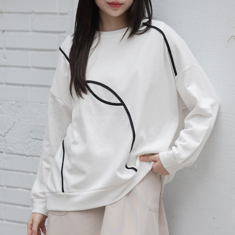 Facade lines - long sleeve crew neck top - white - เสื้อผู้หญิง - ผ้าฝ้าย/ผ้าลินิน ขาว