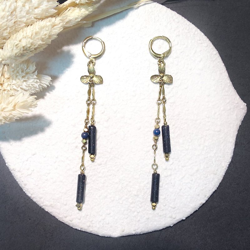 VIIART. deep sea. Blue sand Stone Bronze Long Earrings - can be changed cramping - Earrings & Clip-ons - Copper & Brass Blue